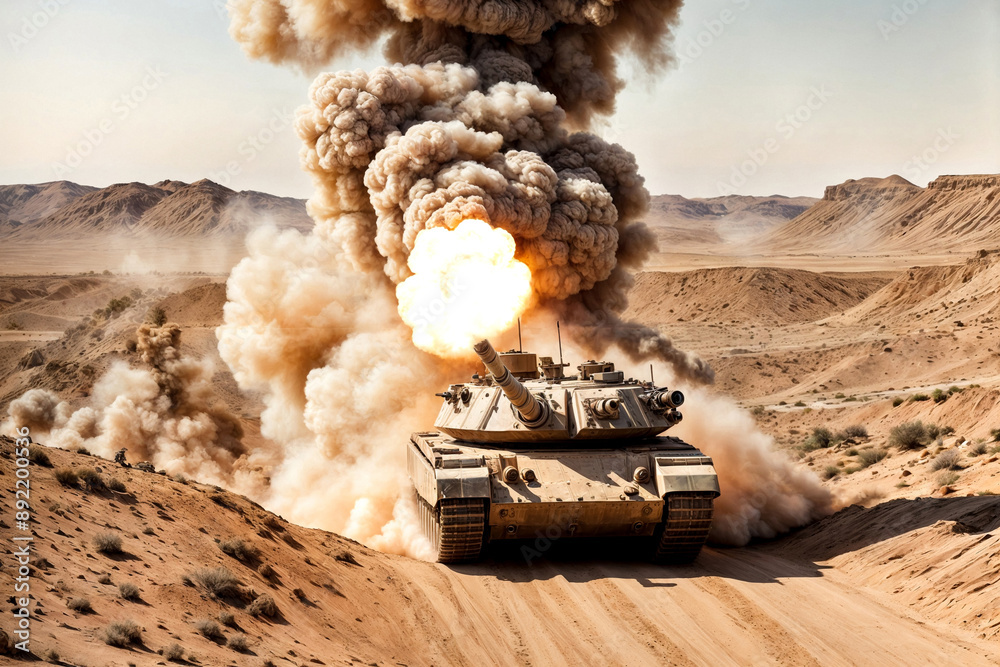 Military battle tank attacking and shooting in desert, tanks opening ...