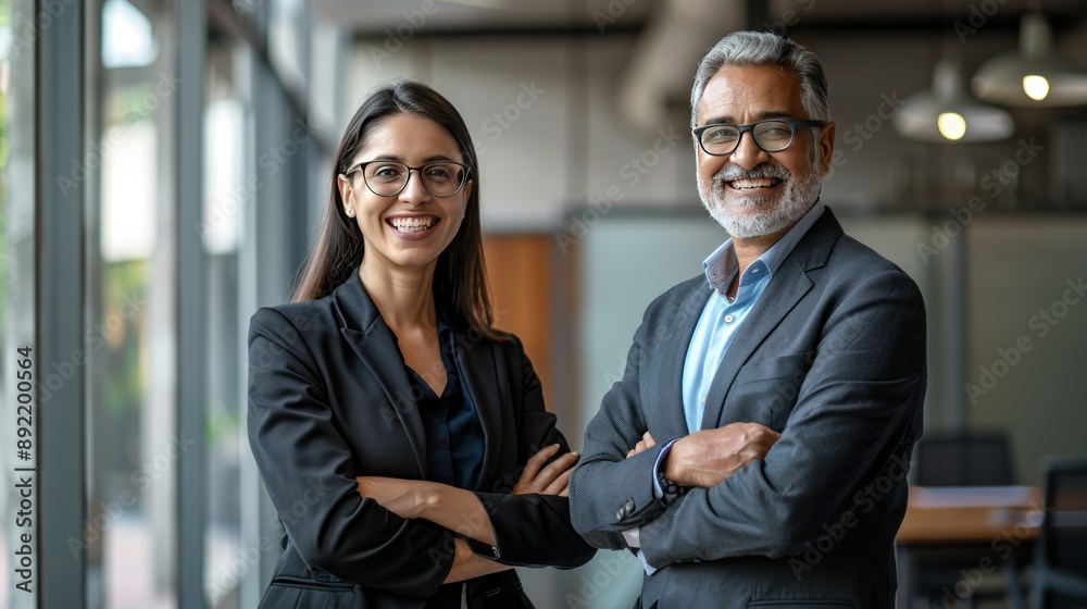 Portrait of smiling mature Latin or Indian business man and European business woman Portrait of smiling mature Latin or Indian business man and European business woman