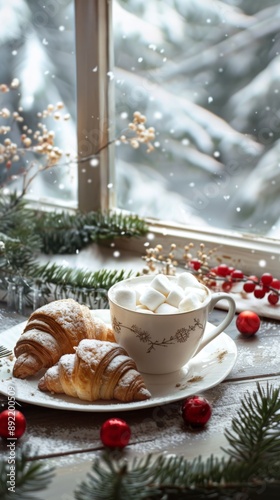 A cup of hot cocoa with marshmallows with a crispy and fresh croissant on a snowy windowsill and a fir branch and cranberries