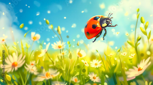 Ladybug flying over field of daisies on sunny summer day