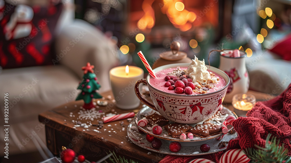 Fototapeta premium Berry smoothie in a deep bowl decorated with cranberries, orange zest, cocoa and coconut flakes with whipped cream on a table decorated in New Year's style