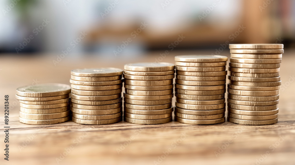 five stacks of coins arranged in ascending order on a wooden surface, with a blurred background. The coins symbolize financial growth, savings, and economic stability five stacks of coins arranged in ascending order on a wooden surface, with a blurred background. The coins symbolize financial growth, savings, and economic stability
