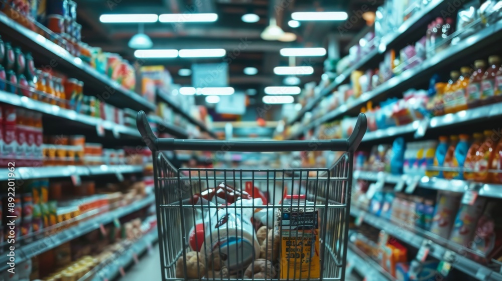 Naklejka premium Shopping cart filled with groceries and household items in a supermarket aisle