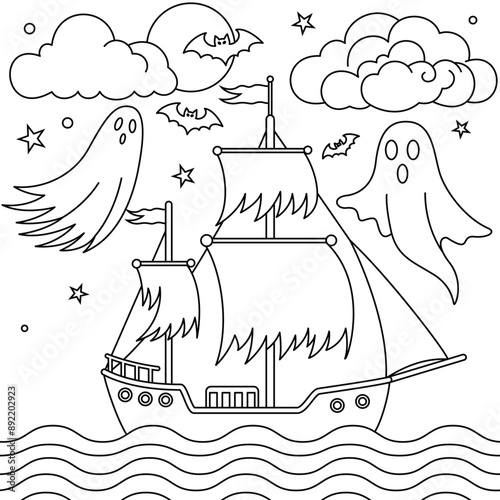 Spooky ghost ship sailing colouring. Halloween Outline Coloring Page