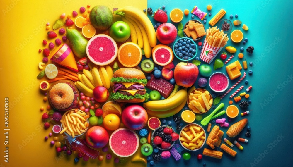 Healthy Meets Unhealthy: Fruits and Junk Food Display Healthy Meets Unhealthy: Fruits and Junk Food Display