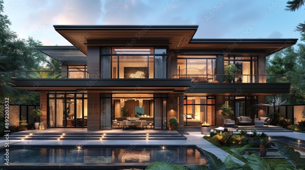 Modern Two-Story House with Swimming Pool and Lush Greenery Modern Two-Story House with Swimming Pool and Lush Greenery