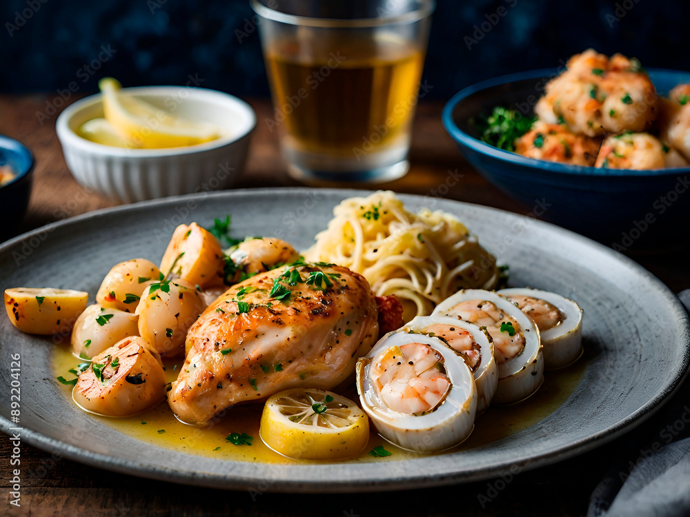 Chicken and Seafood Pairings: Create a menu featuring chicken paired with seafood, like chicken and crab stuffed chicken breast, and chicken and scallop scampi. Chicken and Seafood Pairings: Create a menu featuring chicken paired with seafood, like chicken and crab stuffed chicken breast, and chicken and scallop scampi.