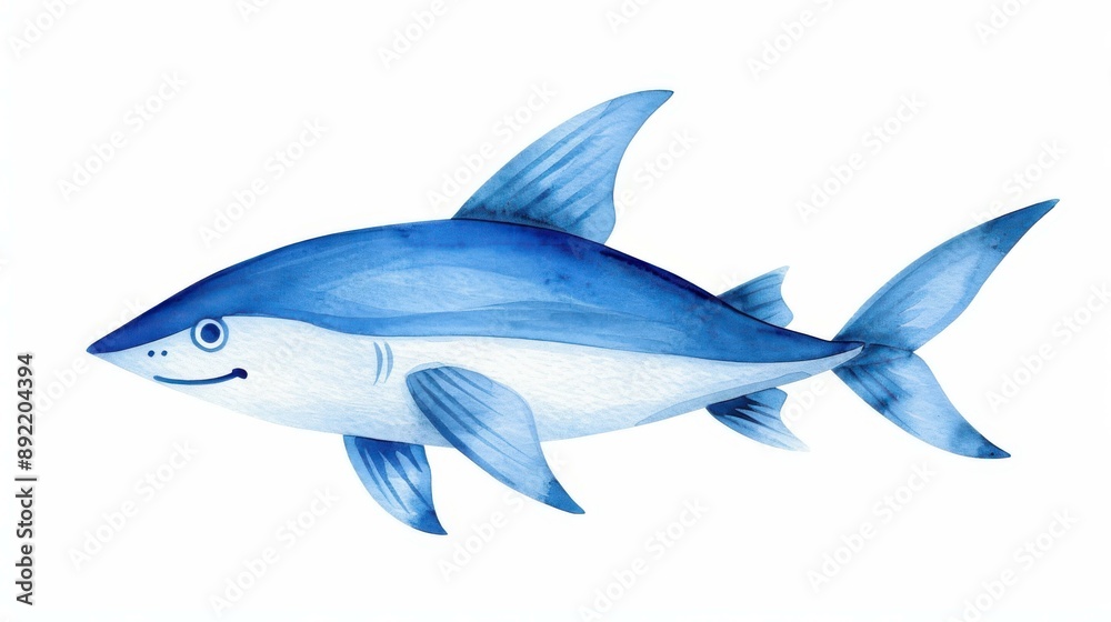 Naklejka premium Detailed watercolor painting of a shark on white backdrop.