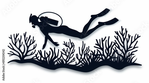 A striking black silhouette of a scuba diver surrounded by corals and fish, perfect for logos or underwaterthemed designs. photo