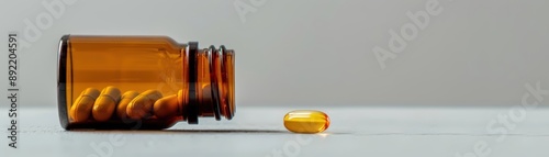 Empty supplement bottle, single capsule nearby photo
