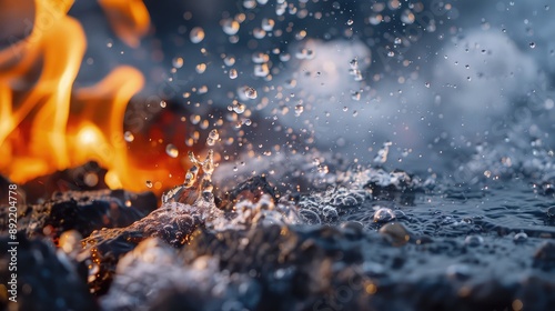 A close-up view of water dousing a fire, with the spray breaking into droplets as it hits the flames. The interaction between water and fire creates steam and helps to extinguish the blaze.