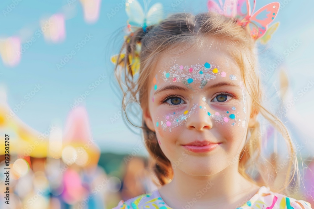 little girl with butterfly pastel color face paint, fair in the background little girl with butterfly pastel color face paint, fair in the background