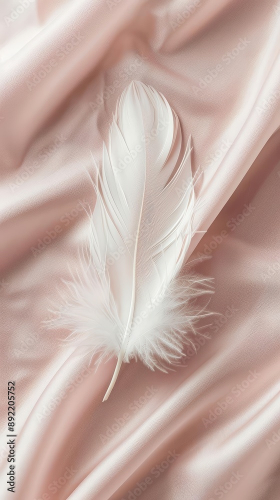Fototapeta premium Close-up of a delicate white feather resting on a smooth pastel background, minimalistic composition with soft shadows and elegant simplicity