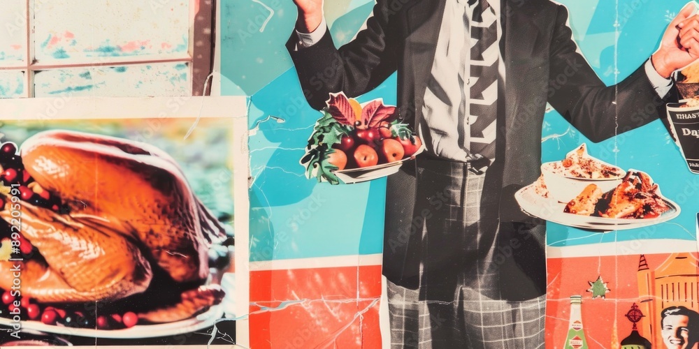 Obraz premium Collage of vintage cut-and-paste images featuring a Thanksgiving theme, including a roasted turkey, fruit bowl, and a man in a suit holding food. The composition blends retro aesthetics