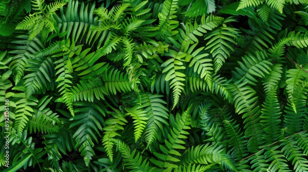 Top view of a dense cluster of green fern leaves, creating a lush and vibrant background. The intricate patterns and textures of the leaves highlight the natural beauty and freshness of the foliage.