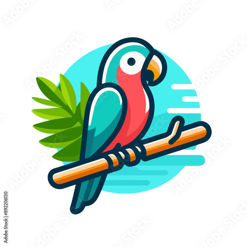 flat vector logo of a cute parrot, A cute parrot sitting on a stick.