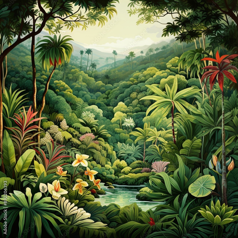 Fototapeta premium A mesmerizing lush green jungle with a meandering river under gentle sunlight filtering through dense canopy, offering a serene view. Perfect for websites, presentations, illustrations.