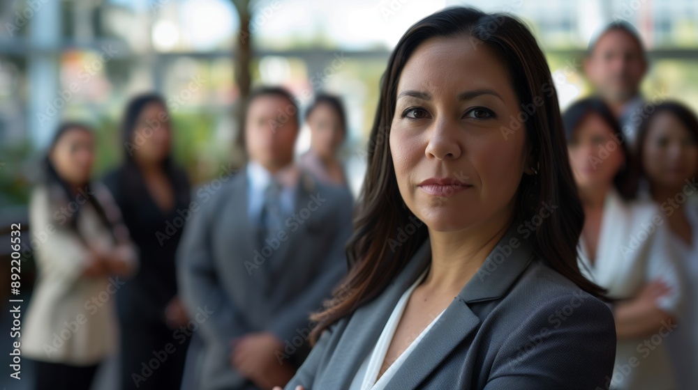 A confident business leader stands in focus with her team in the background, representing leadership, teamwork, and professionalism in a corporate environment. A confident business leader stands in focus with her team in the background, representing leadership, teamwork, and professionalism in a corporate environment.