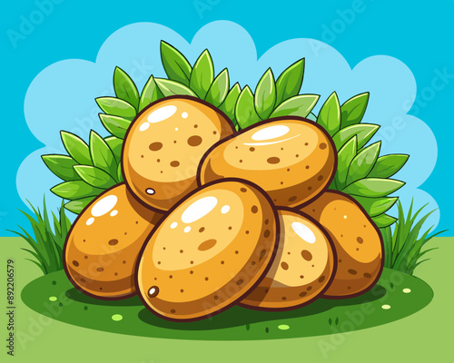 illustration Vector of fresh potatoes with leaves, isolated green farm background, hand drawn vegetabes and fruit cartoon