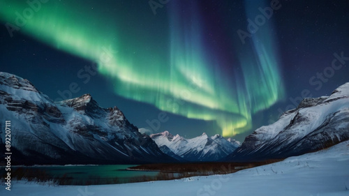 Aurora covers snowy mountains