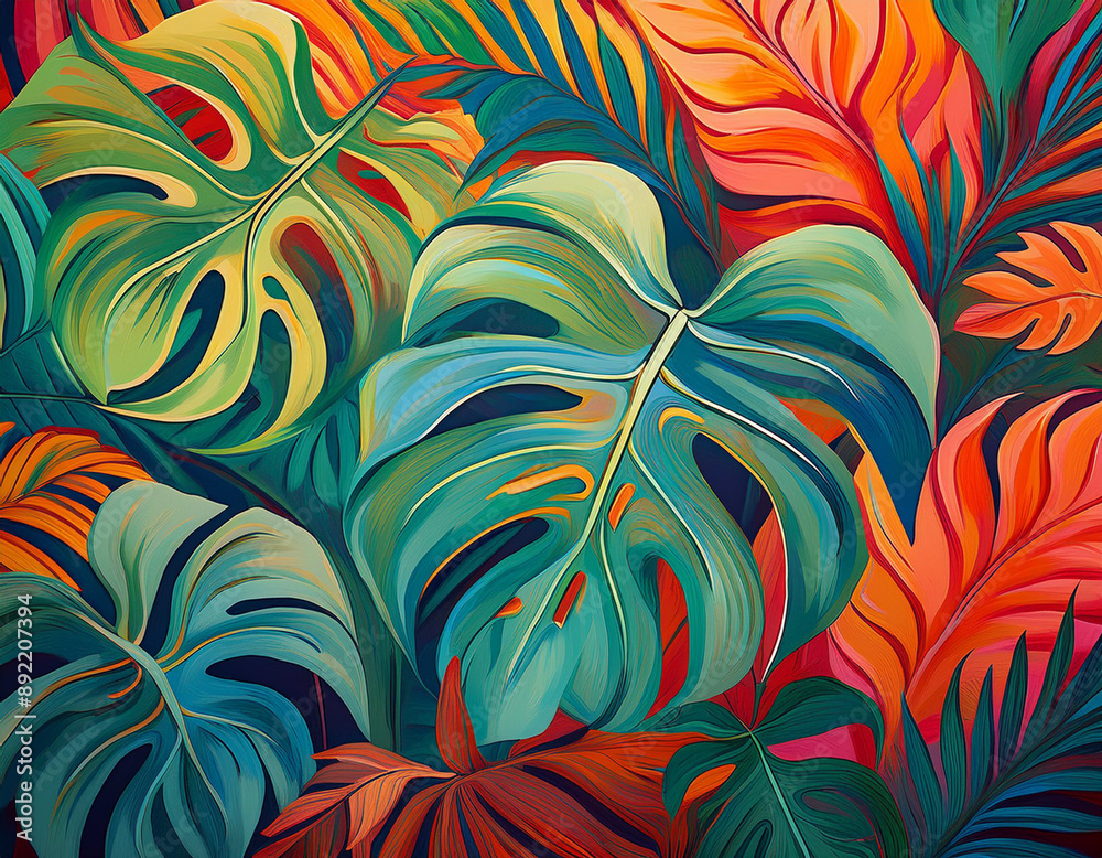 Detailed Monstera Leaves and Palm Fronds in a Layered Pattern Detailed Monstera Leaves and Palm Fronds in a Layered Pattern