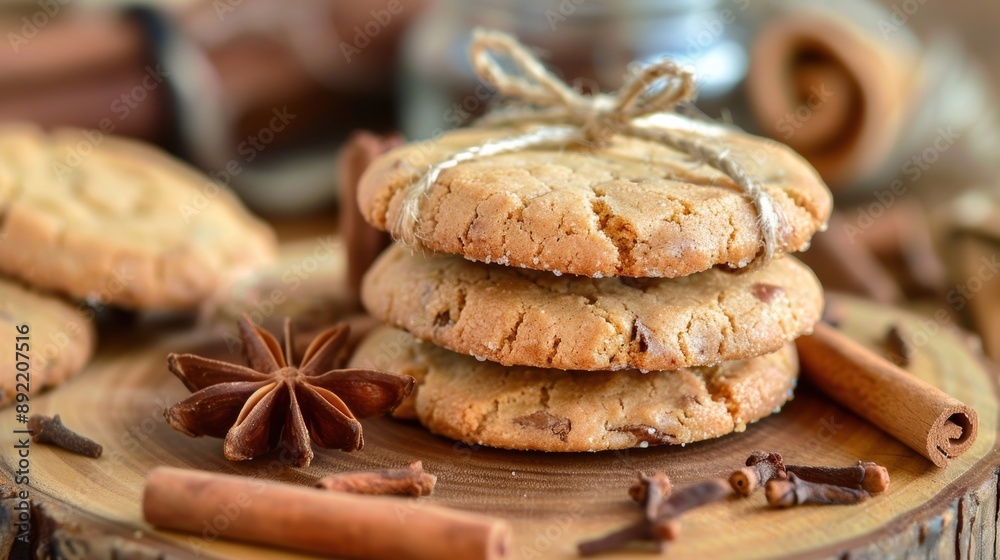 A stack of cookies on a wooden plate A stack of cookies on a wooden plate