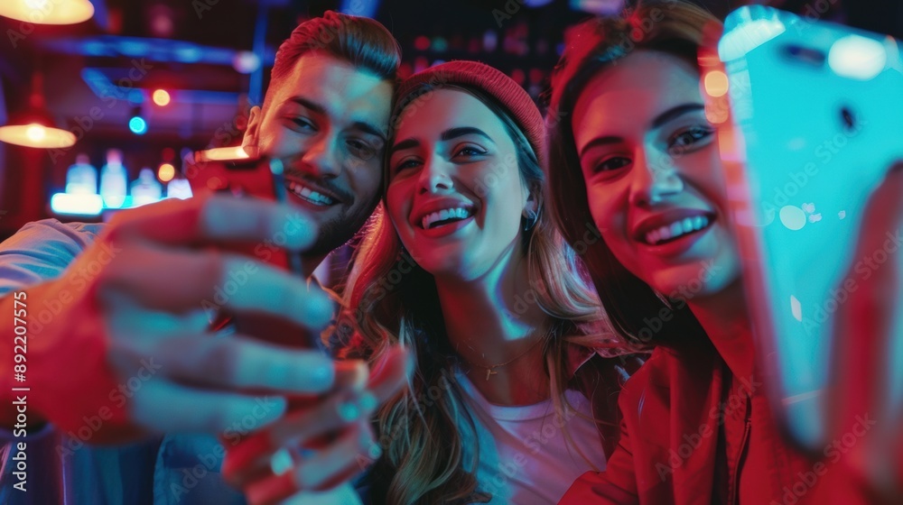 A group of friends taking a selfie in a bar A group of friends taking a selfie in a bar