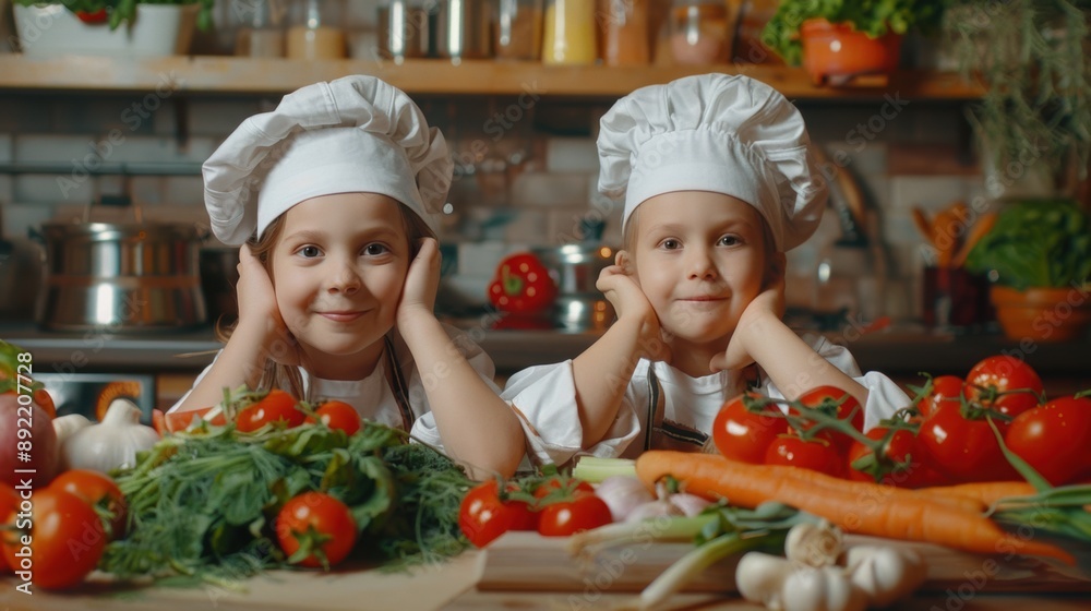 Two children in chefs hats sitting at a table with vegetables Two children in chefs hats sitting at a table with vegetables