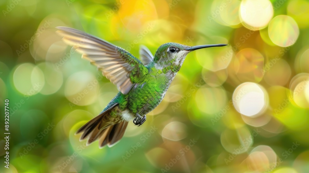 Naklejka premium A close-up shot of a cute Snowy-bellied hummingbird flying on a blurred background. 