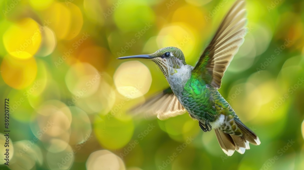 Fototapeta premium A close-up shot of a cute Snowy-bellied hummingbird flying on a blurred background.