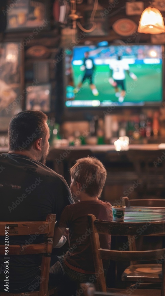 A man and a child sitting at a table in front of a tv