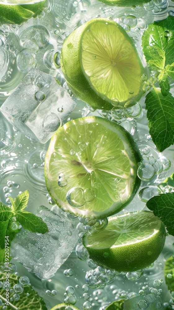 green lemon slices and ice cubes in whitewater, bubbles, light background, mobilewallpaper green lemon slices and ice cubes in whitewater, bubbles, light background, mobilewallpaper