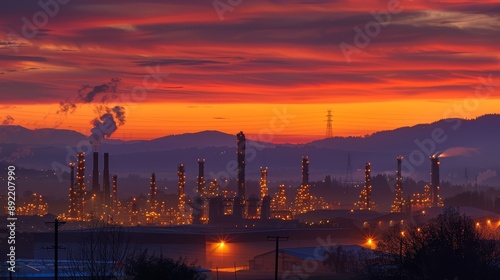 Sunset over the city skyline with industrial factories and chimneys silhouetted against the colorful sky reflecting on the river