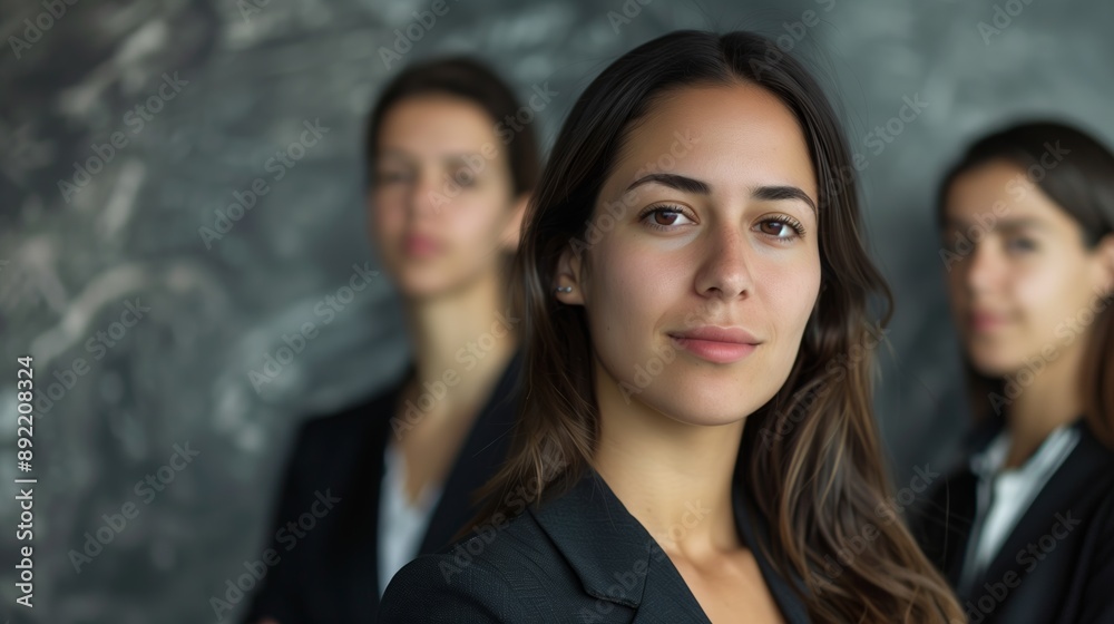 A confident young businesswoman stands in focus with her team in the background, highlighting leadership and professionalism in a corporate setting. A confident young businesswoman stands in focus with her team in the background, highlighting leadership and professionalism in a corporate setting.