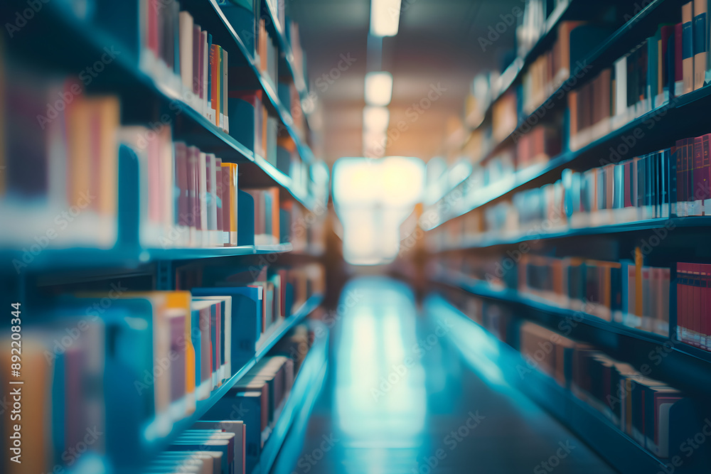 Blurred view of an empty college library interior, featuring abstract defocused bookshelves, ideal for backgrounds or backdrops in bookshop business contexts