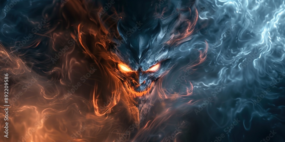 Fototapeta premium The vivid depiction of a fiery, ghostly face emerging from smoke and flames with glowing eyes in a dark, surreal background, halloween concept