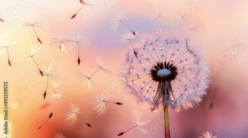 A detailed image of a dandelion pod exploding, with fluffy seeds drifting away on a gentle breeze against a sunset-colored background, representing the spread of life.