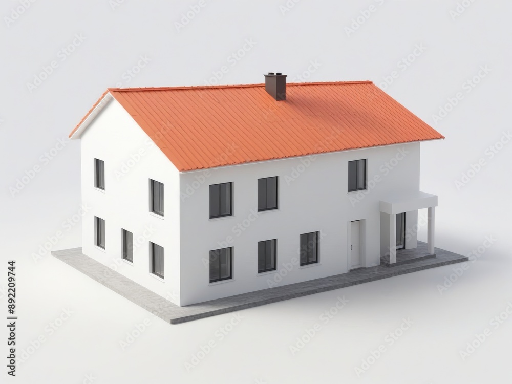 Newly built residential home featuring a classic red roof and clean white exterior walls, isolated on white background. Newly built residential home featuring a classic red roof and clean white exterior walls, isolated on white background.
