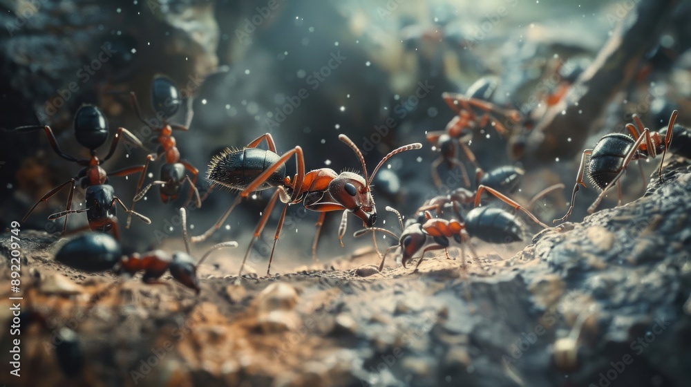 A group of ants walking on top of a dirt field A group of ants walking on top of a dirt field