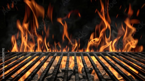 Closeup of a Hot Grill with Flames and Charcoal