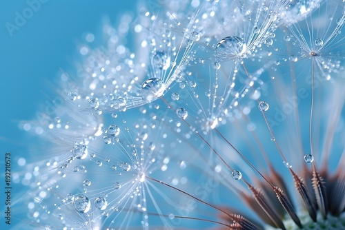 Close-Up of Dew Drops on Dandelion Seeds Against Blue Background Nature, Macro, and Delicate Plant Photography