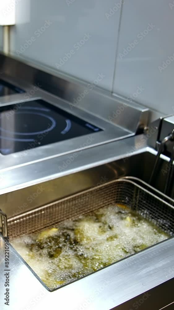 Cooking meals in the restaurant kitchen. French fries in a deep fryer on the background of frying pans on a stove. Crispy potatoes in a deep fryer. Vertical video Cooking meals in the restaurant kitchen. French fries in a deep fryer on the background of frying pans on a stove. Crispy potatoes in a deep fryer. Vertical video