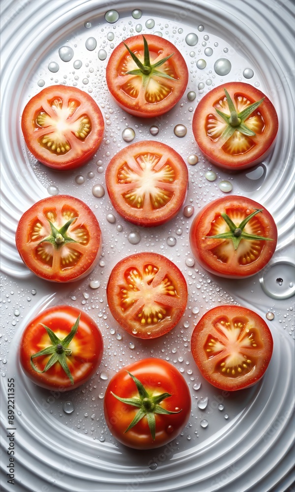 Fototapeta premium Fresh Organic Red Pattern Tomatoes - Juicy Whole Tomatoes with Dewy Texture and Vibrant Detail