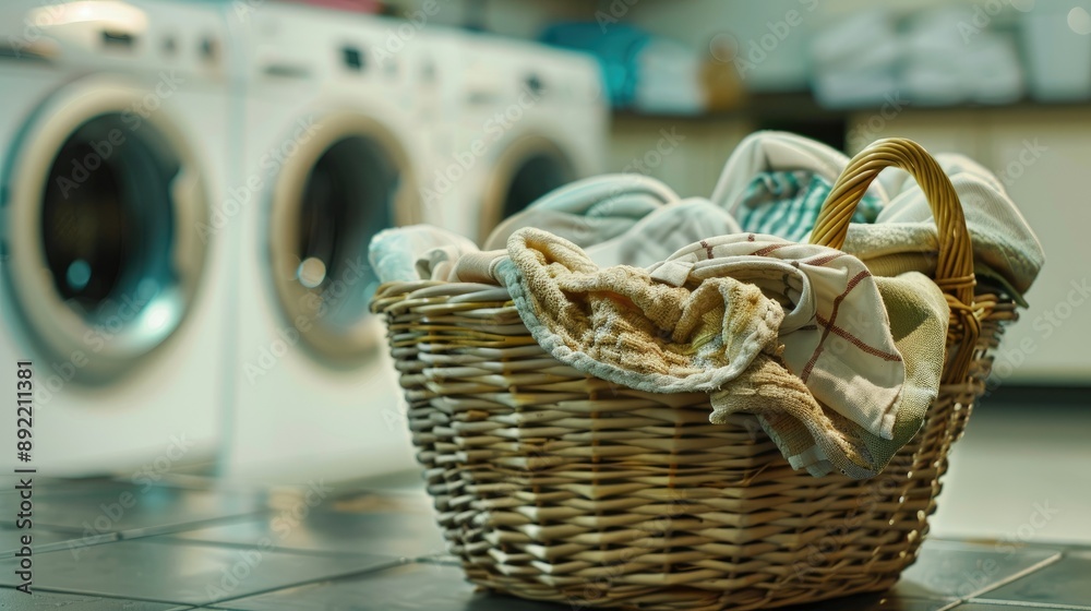 Obraz premium Basket with dirty clothes near washing machines in laundry room