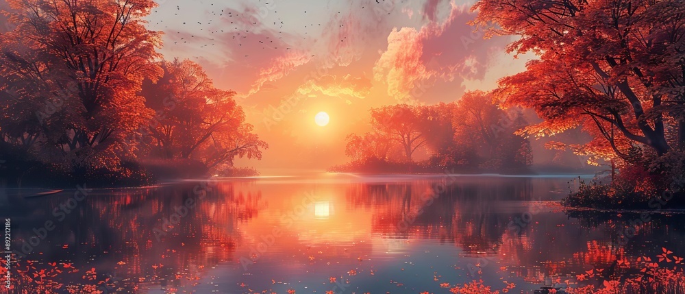 Sunshine reflecting off a calm lake surrounded by autumn foliage Sunshine reflecting off a calm lake surrounded by autumn foliage