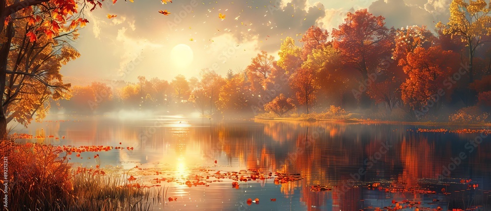 Sunshine reflecting off a calm lake surrounded by autumn foliage Sunshine reflecting off a calm lake surrounded by autumn foliage