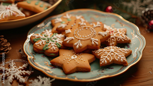 Christmas cookies on a decorated plate Merry Christmas background.