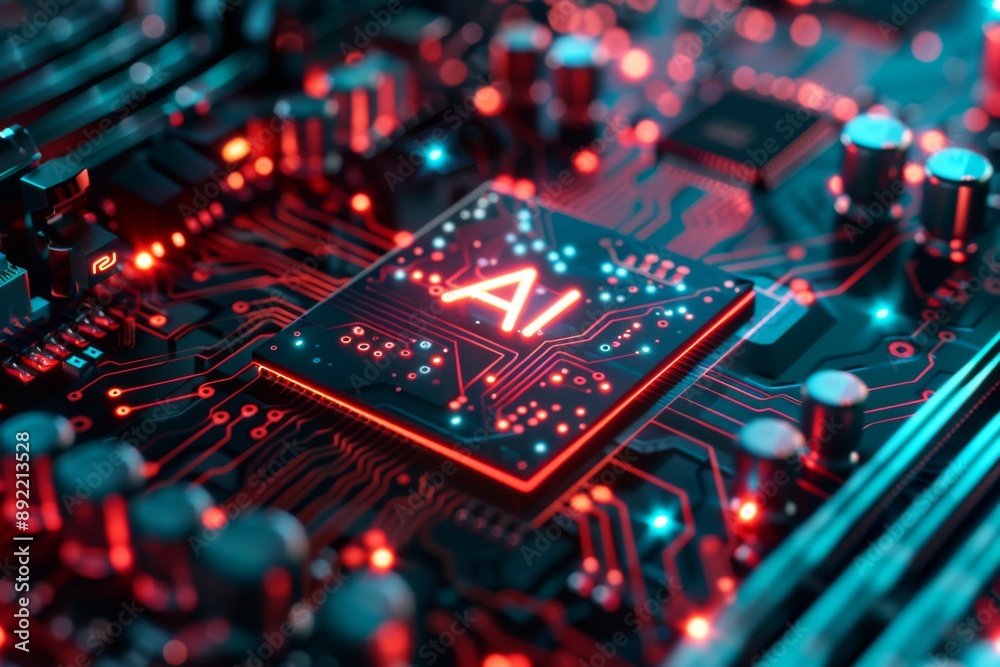 Obraz premium A close-up shot of a circuit board with a glowing 'AI' chip, highlighting its presence and functionality in modern technology.