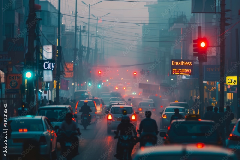 custom made wallpaper toronto digitalA busy city street filled with cars and motorcycles is shrouded in fog, creating a hazy and atmospheric scene.