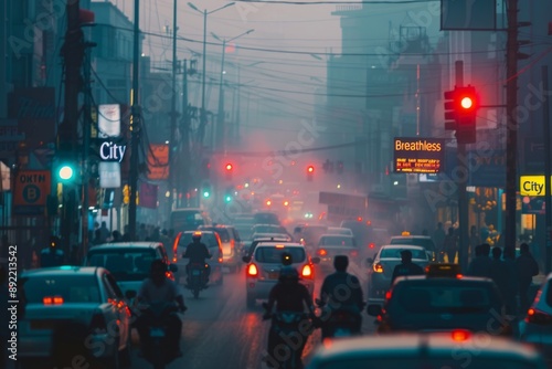 A busy city street filled with cars and motorcycles is shrouded in fog, creating a hazy and atmospheric scene.